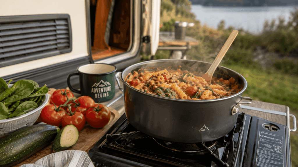 Ein Topf mit One-Pot Linsenpasta, Tomaten, Zucchini und Spinat steht dampfend auf einem Gaskocher beim Camping.