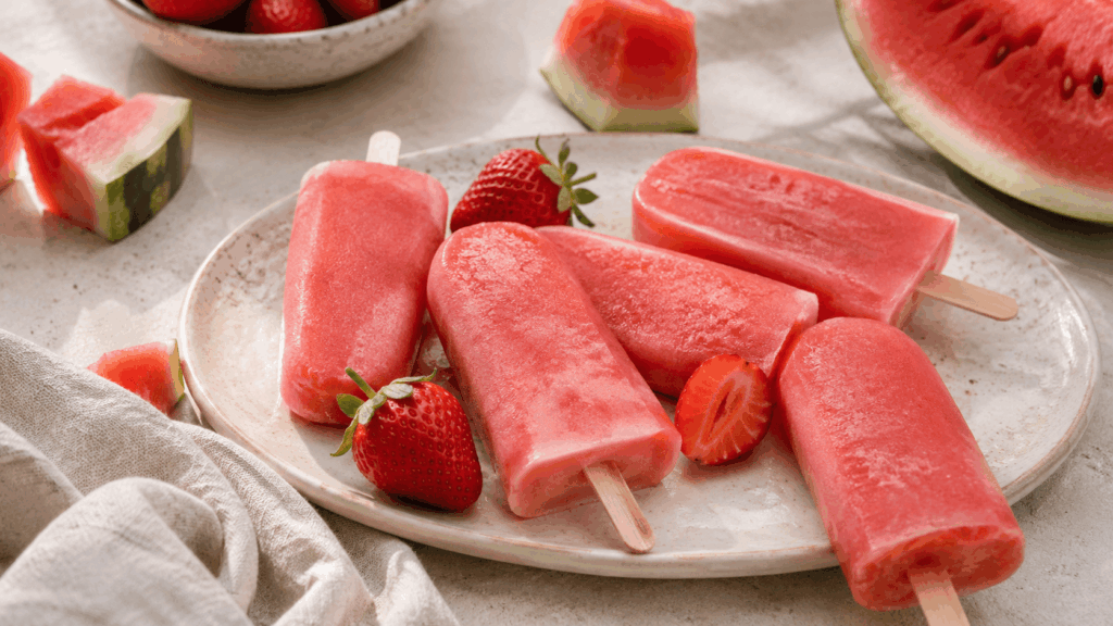 Mehrere Erdbeer-Wassermelonen-Popsicles liegen mit Erdbeerstücken in einer großen Keramikschale auf einem rustikalen Holztisch.