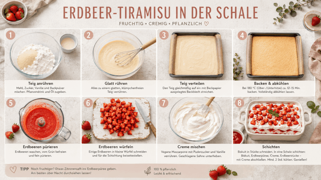 Acht bebilderte Zubereitungsschritte zeigen Teig, gebackenen Biskuit, Erdbeerpüree, geschnittene Erdbeeren, Creme und das fertige Erdbeer-Tiramisu in einer Form.