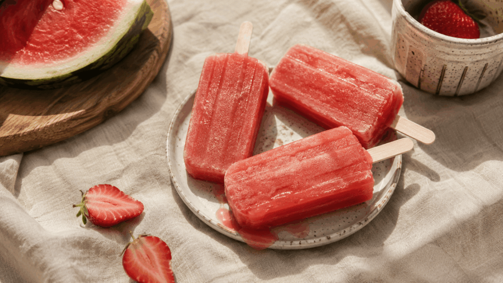 Drei rosafarbene Eis am Stiel liegen leicht angeschmolzen auf einem Keramikteller neben halbierten Erdbeeren und einer Wassermelone.