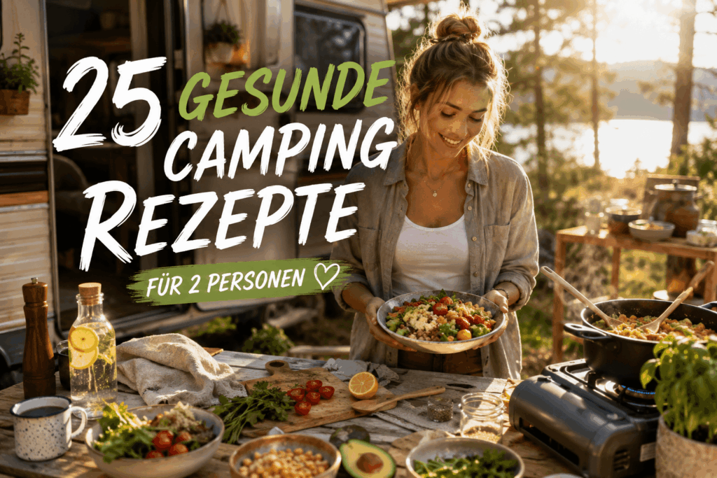 Titelbild mit Frau in einer Campingküche vor dem Wohnwagen, die eine Schüssel mit gesundem Campingessen hält.
