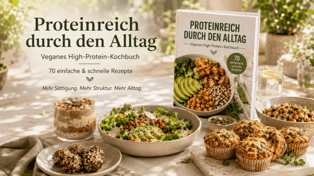 Werbebild für ein veganes High-Protein-Kochbuch mit Kochbuch-Cover, Bowl, Salat, Muffins, Energy Balls, Dessertglas und grünem Text auf hellem Hintergrund.