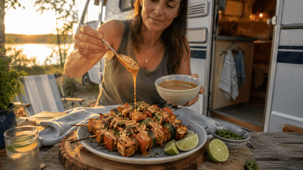 Eine Frau gießt Erdnuss-Limetten-Sauce über gegrillte Tofu-Gemüse-Spieße auf einem Campingplatz.