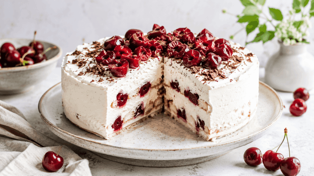 Angeschnittene helle Kühlschranktorte mit cremigen Schichten, Kirschen und Schokoladenraspeln auf einer Keramikplatte.