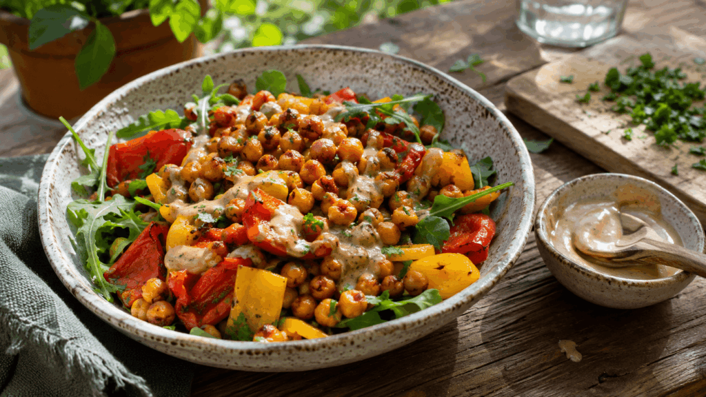 Schale mit gerösteten Kichererbsen, roter und gelber Paprika, Rucola und cremigem Dressing auf einem rustikalen Holztisch.