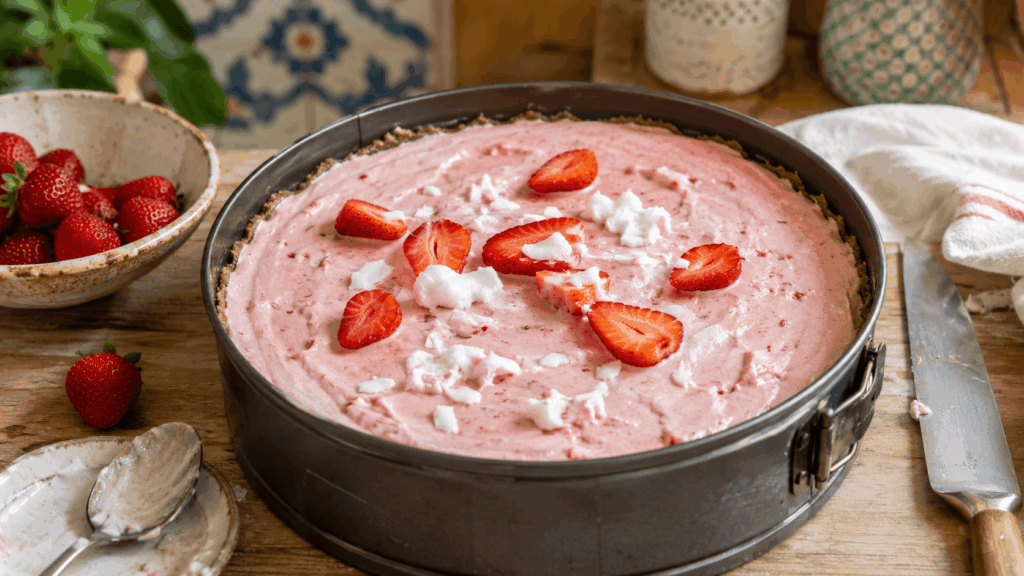 Runde Erdbeer-Eistorte in einer Springform mit rosa Creme, Erdbeerscheiben, Kokosstücken, Messer und Schale mit Erdbeeren.