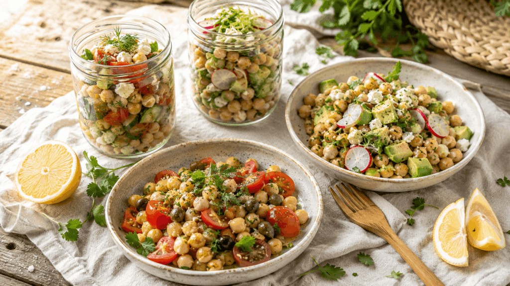 Mehrere Schalen und Gläser mit Kichererbsensalat, Avocado, Tomaten, Radieschen, Kräutern und Zitronen auf einem Holztisch.